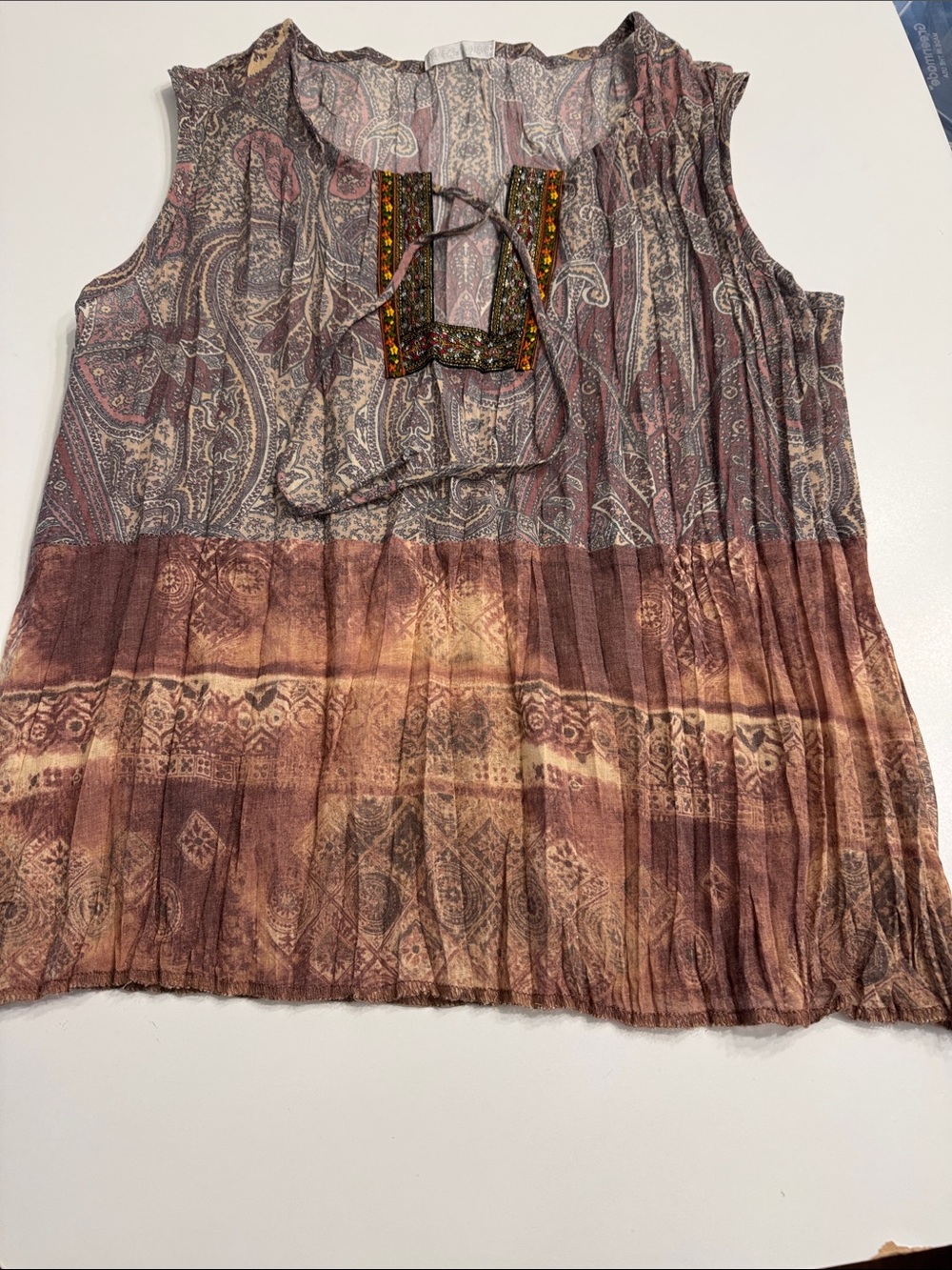 Vintage Embroidery Floral Paisley Tie Sheer Sleeveless Top Calme Anthropologie M